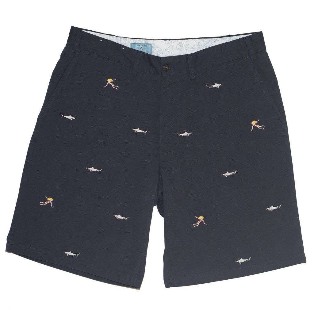 Embroidered Cisco Shorts in Nantucket Navy with Infested Sharks by Castaway Clothing - Country Club Prep