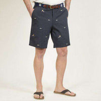 Embroidered Cisco Shorts in Nantucket Navy with Infested Sharks by Castaway Clothing - Country Club Prep