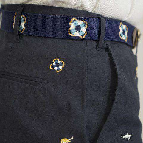 Embroidered Cisco Shorts in Nantucket Navy with Infested Sharks by Castaway Clothing - Country Club Prep