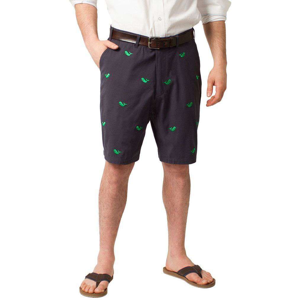 Embroidered Cisco Shorts in Nantucket Navy with Kelly Green Whale by Castaway Clothing - Country Club Prep