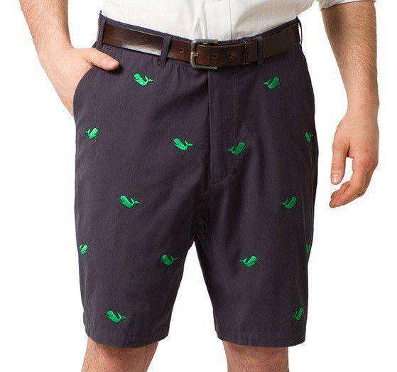 Embroidered Cisco Shorts in Nantucket Navy with Kelly Green Whale by Castaway Clothing - Country Club Prep
