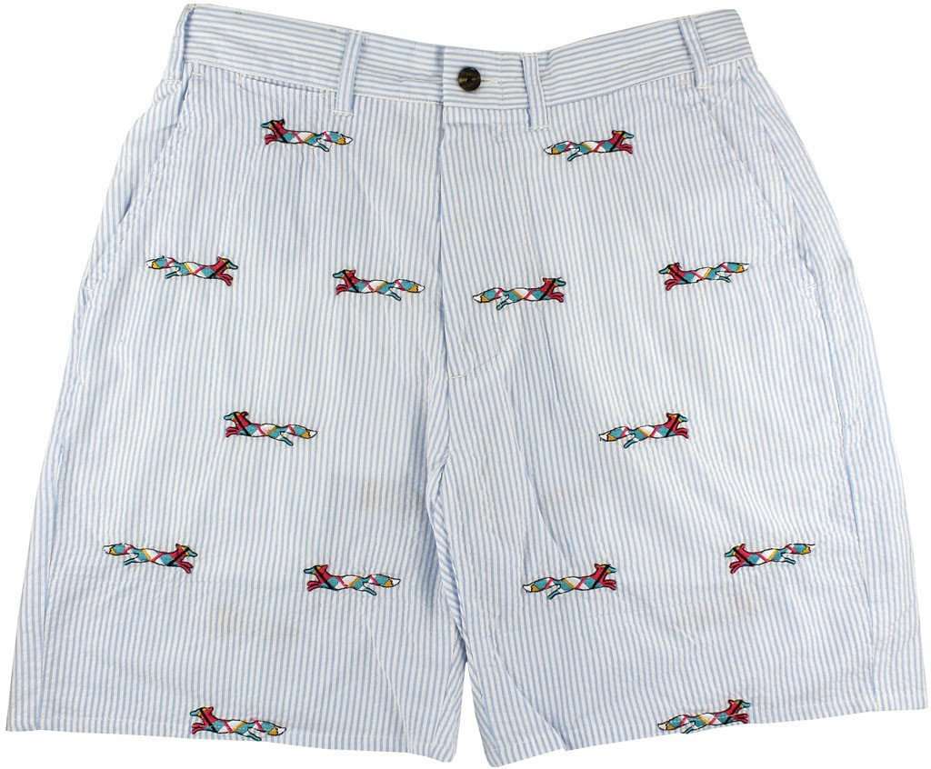 Limited Edition Longshanks Embroidered Cisco Shorts in Blue Seersucker featuring Longshanks the Fox by Castaway Clothing - Country Club Prep