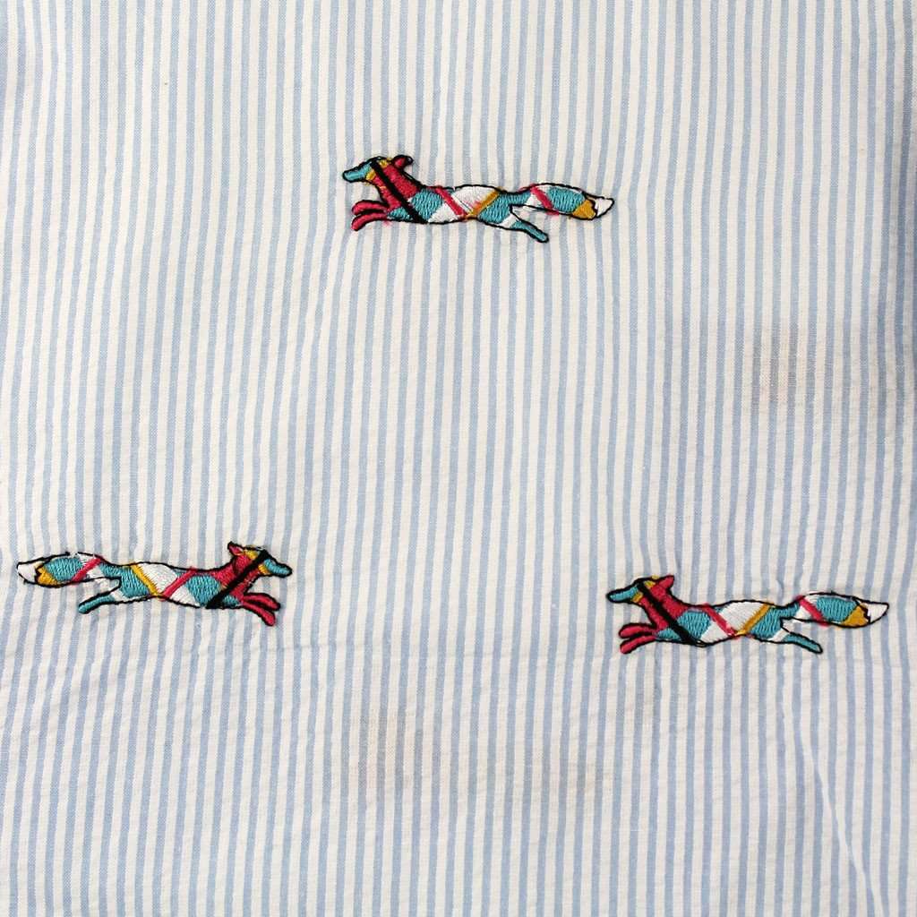Limited Edition Longshanks Embroidered Cisco Shorts in Blue Seersucker featuring Longshanks the Fox by Castaway Clothing - Country Club Prep