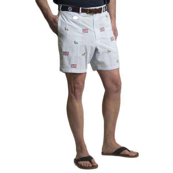 Mariner Short in Blue Seersucker with Embroidered Jeep and American Flag by Castaway Clothing - Country Club Prep