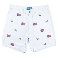 Mariner Short in Blue Seersucker with Embroidered Jeep and American Flag by Castaway Clothing - Country Club Prep