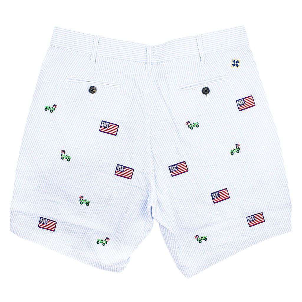 Mariner Short in Blue Seersucker with Embroidered Jeep and American Flag by Castaway Clothing - Country Club Prep