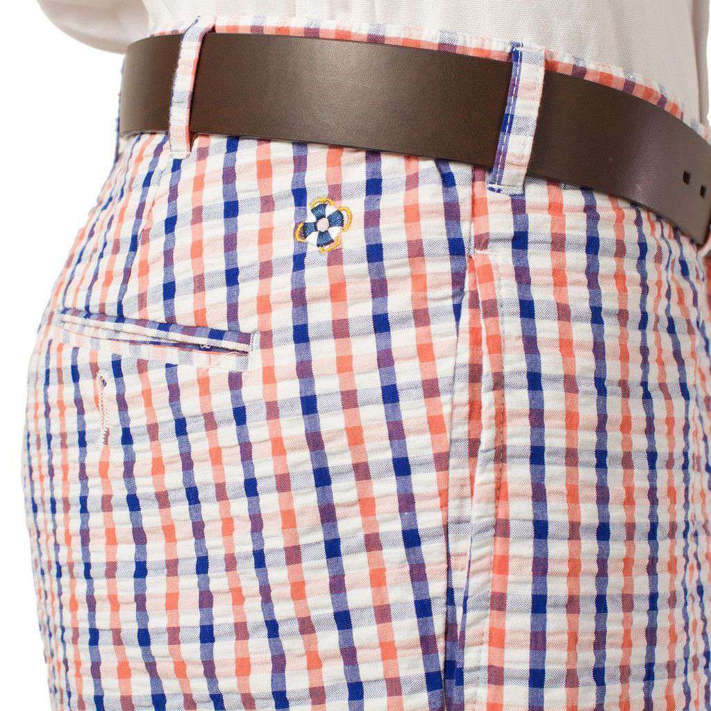 Mariner Short in Fiesta Orange and Royal Blue Gingham Seersucker by Castaway Clothing - Country Club Prep