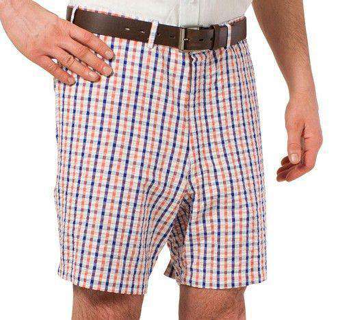 Mariner Short in Fiesta Orange and Royal Blue Gingham Seersucker by Castaway Clothing - Country Club Prep