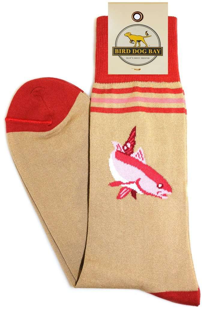 Red Fish, Two Fish Socks in Tan by Bird Dog Bay - Country Club Prep