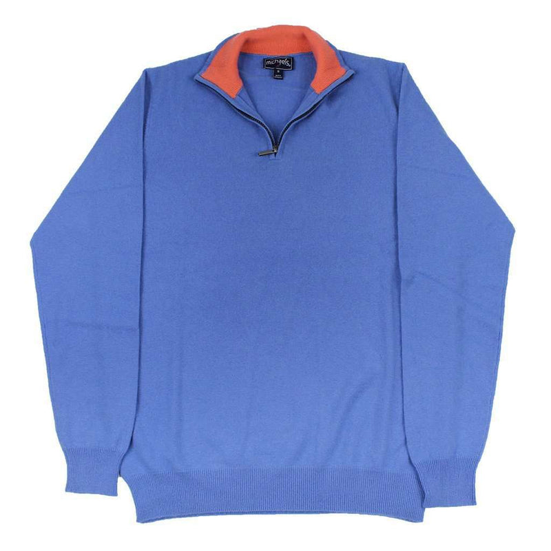 Quarter Zip Cashmere Sweater in Blue by Michael's - Country Club Prep