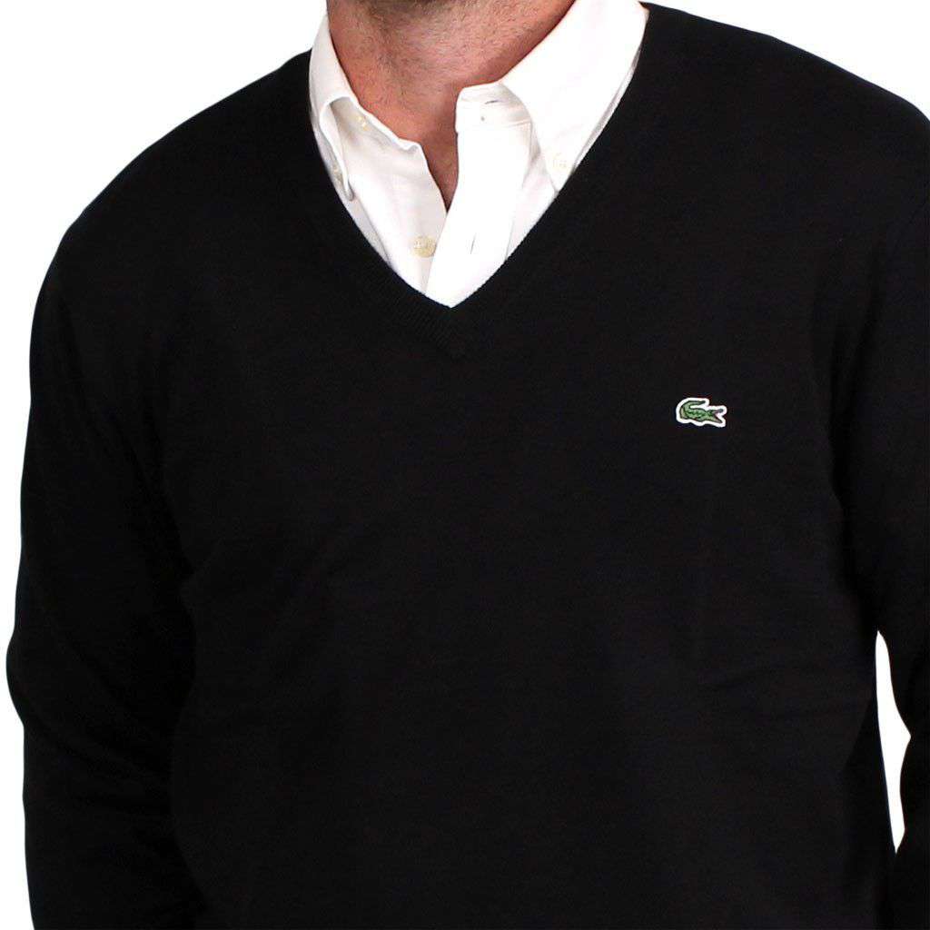 V-Neck Sweater in Black by Lacoste - Country Club Prep