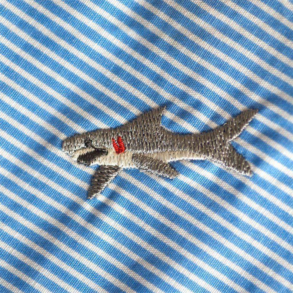 Blue Seersucker Nobadeer Bathing Suit with Sharks by Castaway Clothing - Country Club Prep