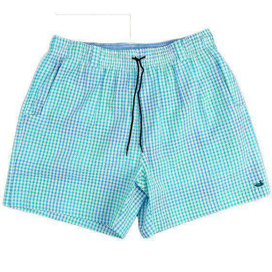 Dockside Swim Trunk in Antigua Blue and Teal Seersucker Gingham by Southern Marsh - Country Club Prep