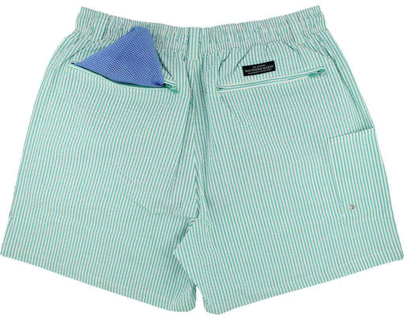 Dockside Swim Trunk in Jockey Green Seersucker with Navy Duck by Southern Marsh - Country Club Prep