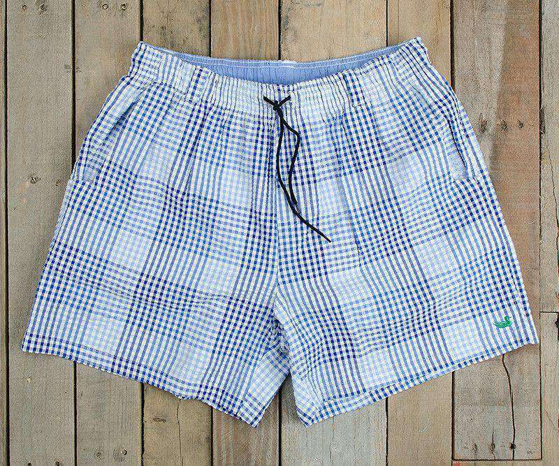 Dockside Swim Trunk in Navy and Blue Seersucker Gingham by Southern Marsh - Country Club Prep