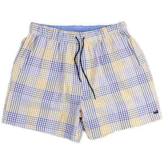 Dockside Swim Trunk in Purple and Gold Seersucker Gingham by Southern Marsh - Country Club Prep