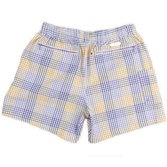 Dockside Swim Trunk in Purple and Gold Seersucker Gingham by Southern Marsh - Country Club Prep