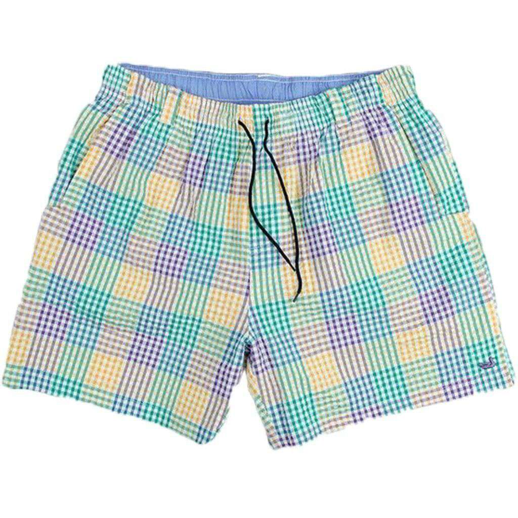 Dockside Swim Trunk in Purple Green and Gold Seersucker Gingham by Southern Marsh - Country Club Prep