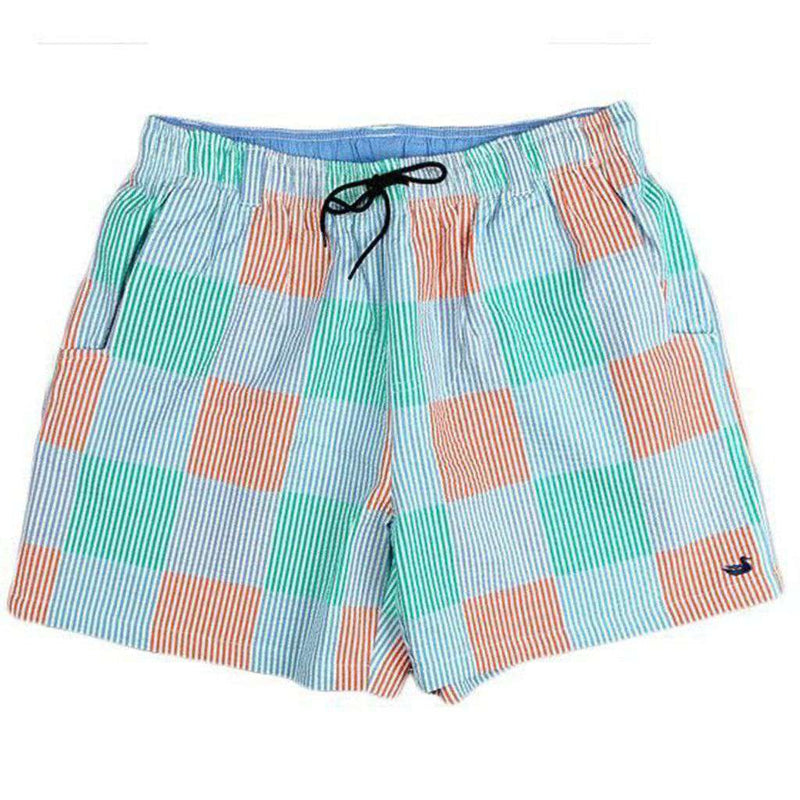 Dockside Swim Trunk in Red, Green, and Blue Seersucker Patches by Southern Marsh - Country Club Prep
