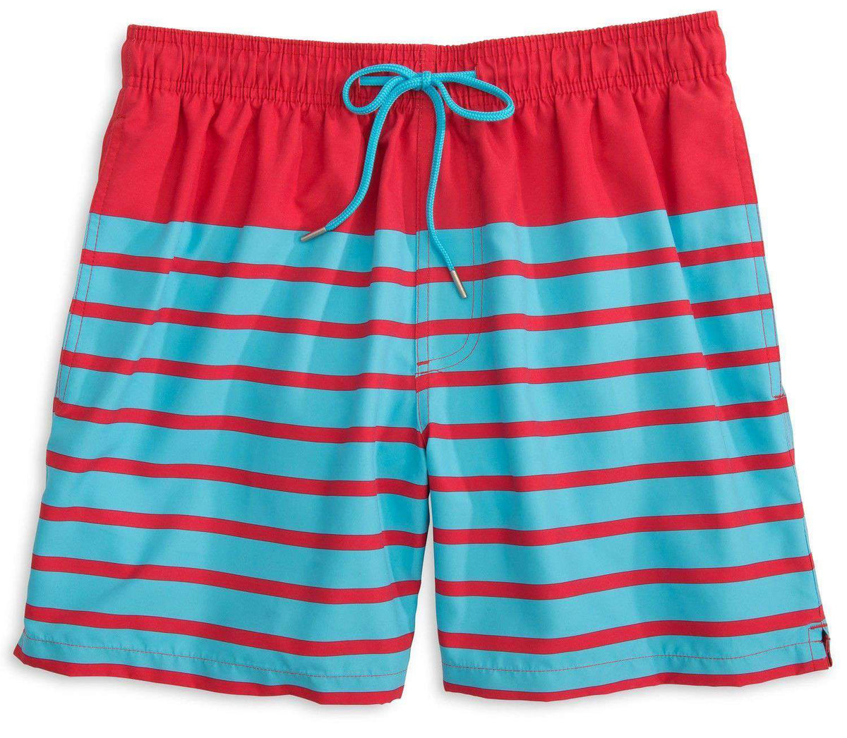 For Shore Stripe Swim Trunks in Channel Marker Red/Turquoise by Southern Tide - Country Club Prep