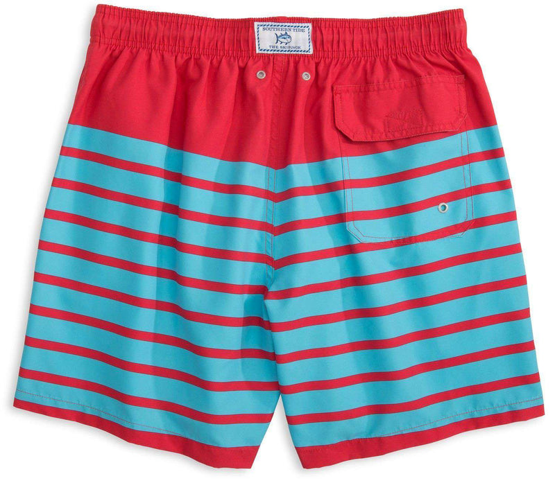 For Shore Stripe Swim Trunks in Channel Marker Red/Turquoise by Southern Tide - Country Club Prep