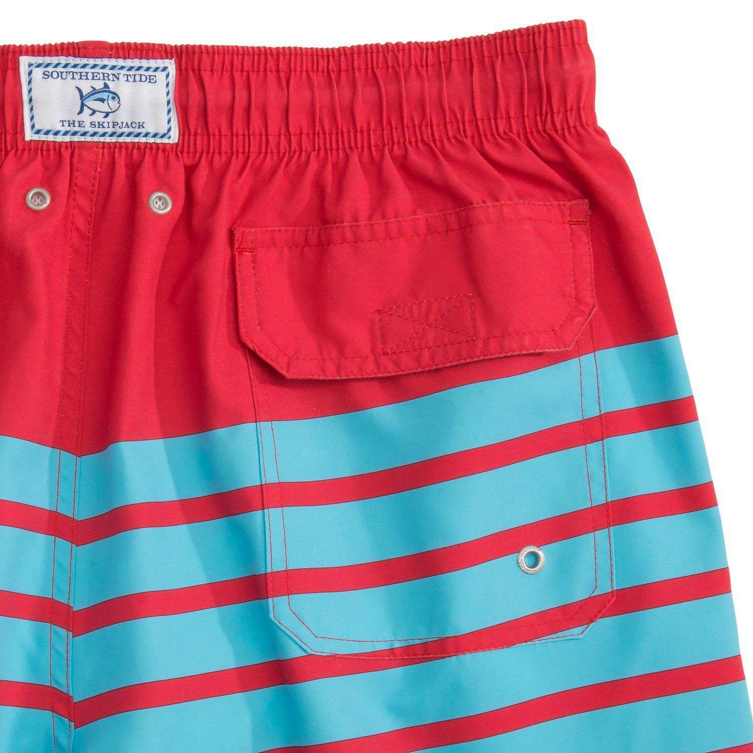 For Shore Stripe Swim Trunks in Channel Marker Red/Turquoise by Southern Tide - Country Club Prep