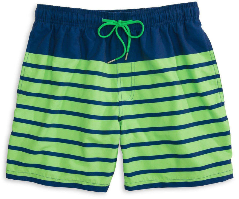 For Shore Stripe Swim Trunks in Yacht Blue/Island Green by Southern Tide - Country Club Prep