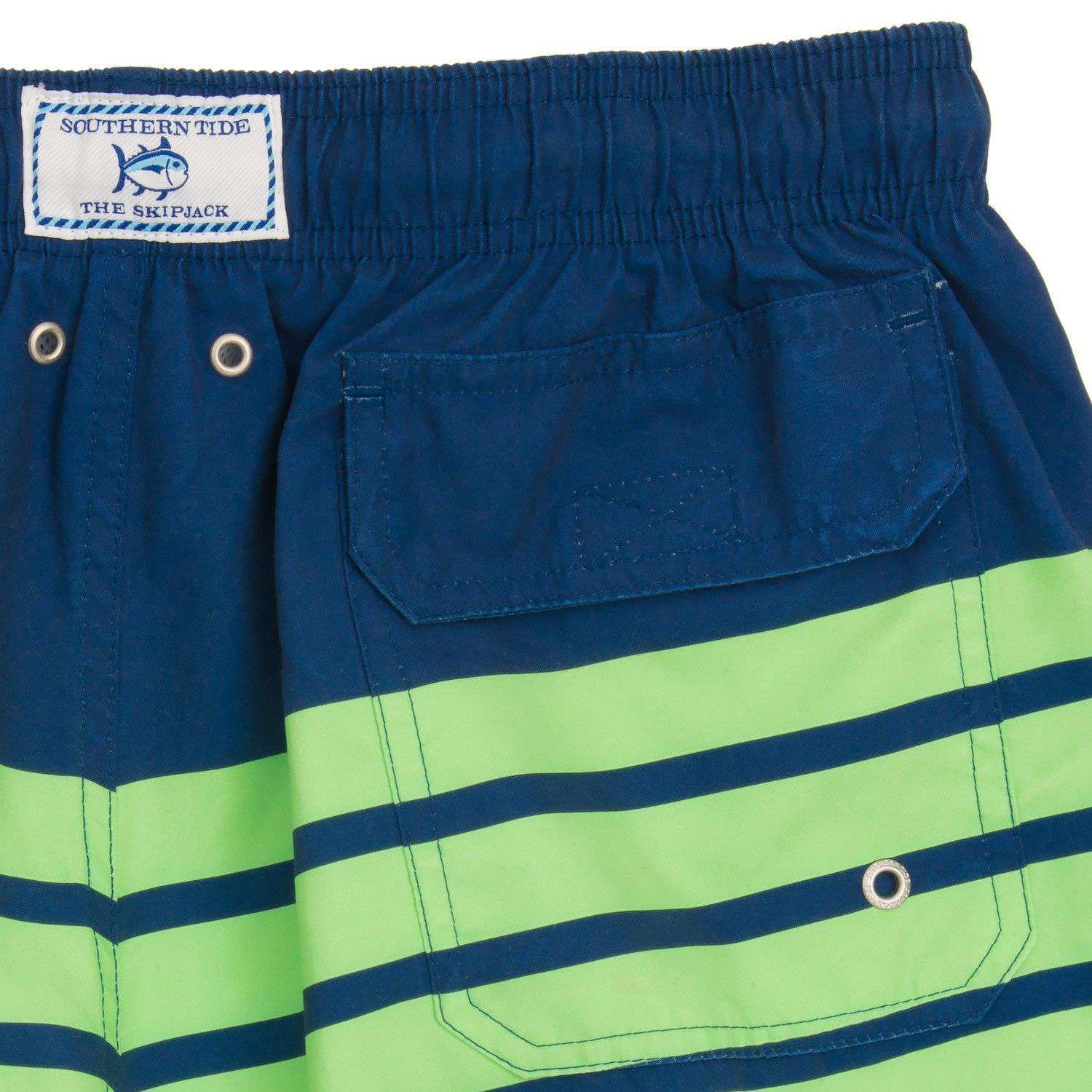 For Shore Stripe Swim Trunks in Yacht Blue/Island Green by Southern Tide - Country Club Prep