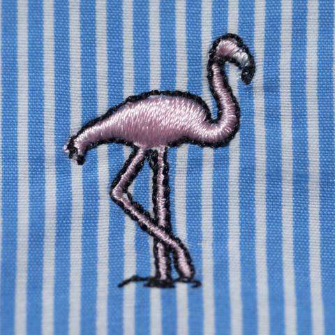 Sandbar Swimsuit in Blue Seersucker with Embroidered Flamingos by Castaway Clothing - Country Club Prep