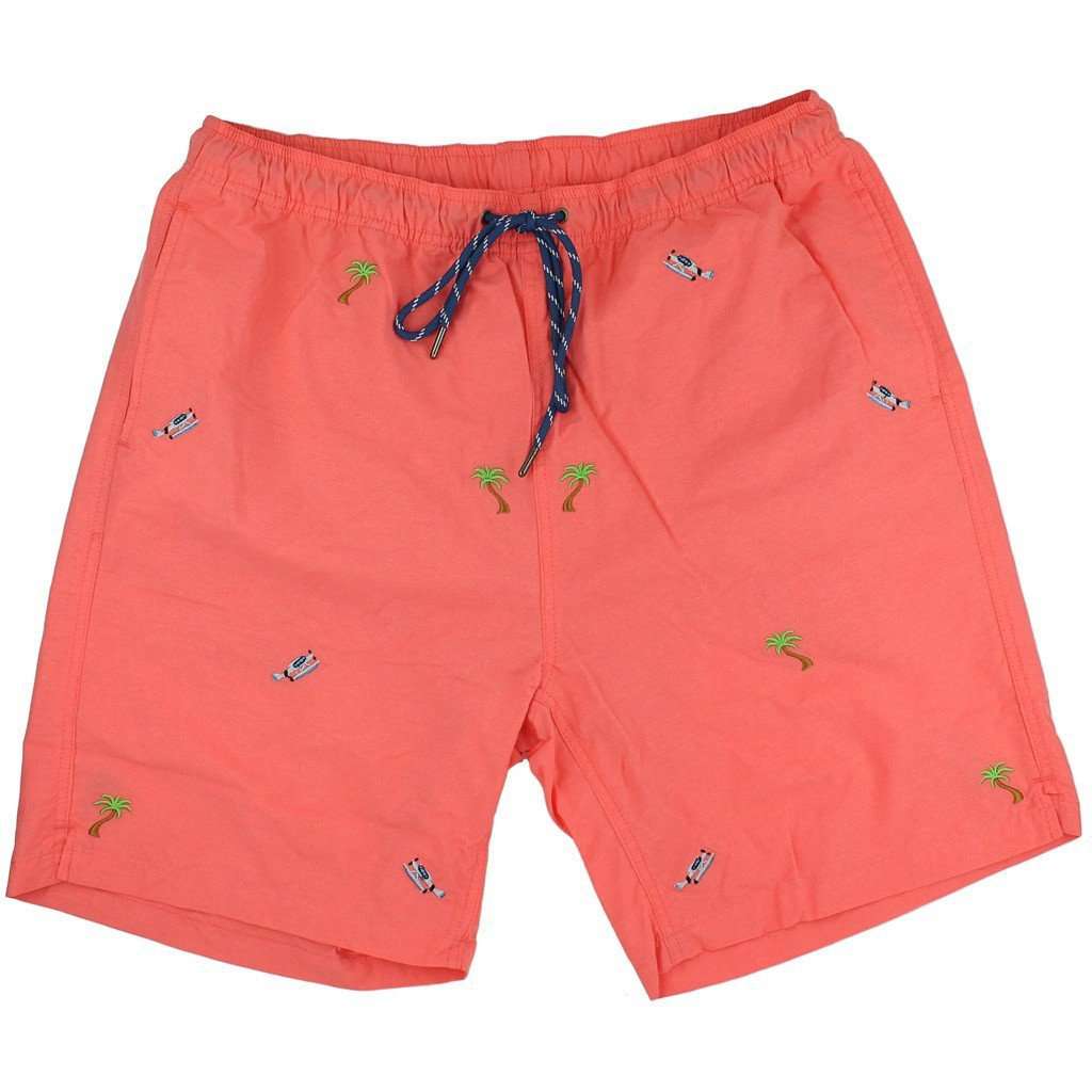 Sandbar Swimsuit in Coral with Embroidered Seaplane and Palm by Castaway Clothing - Country Club Prep