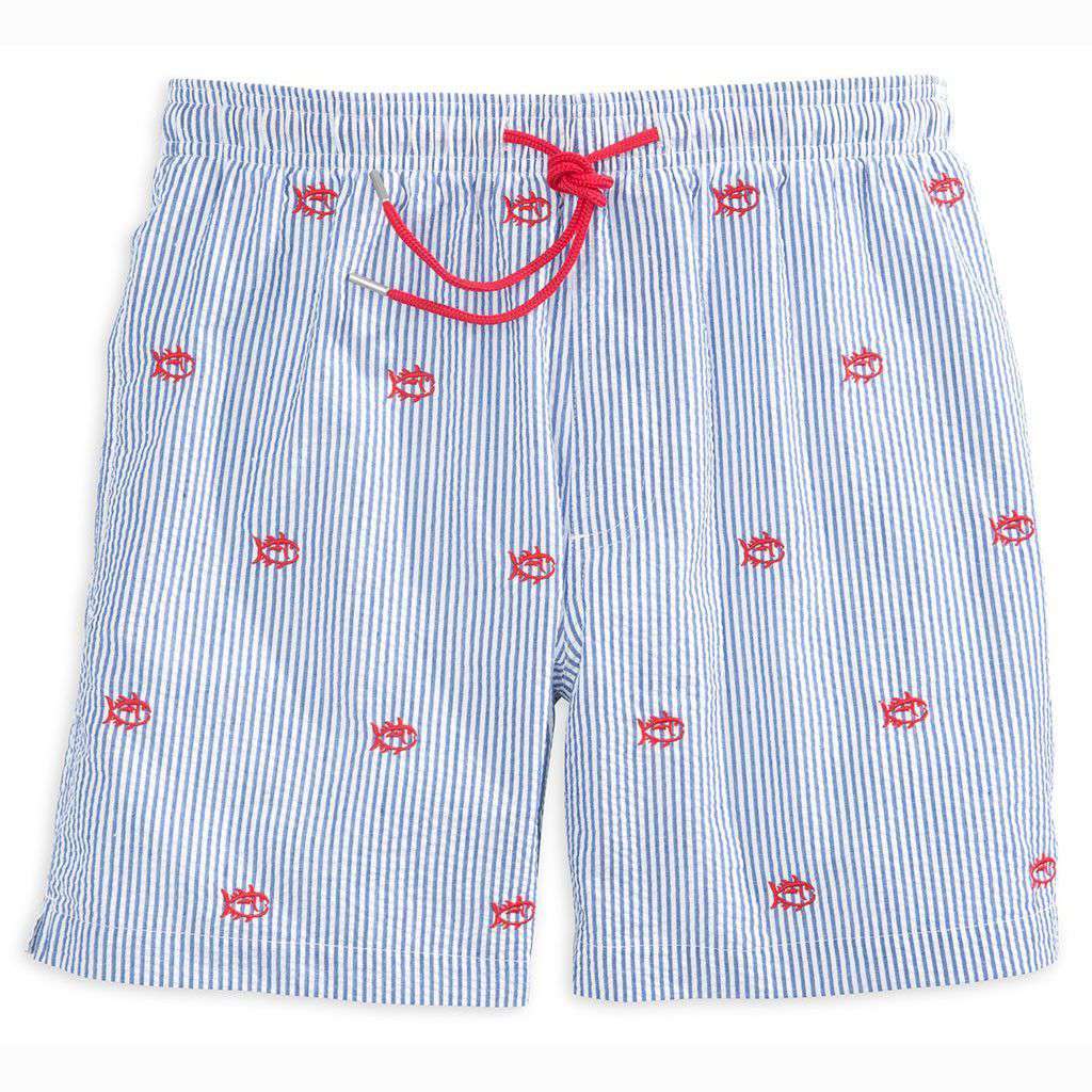 Skipjack Embroidered Seersucker Swim Trunk in Blue by Southern Tide - Country Club Prep