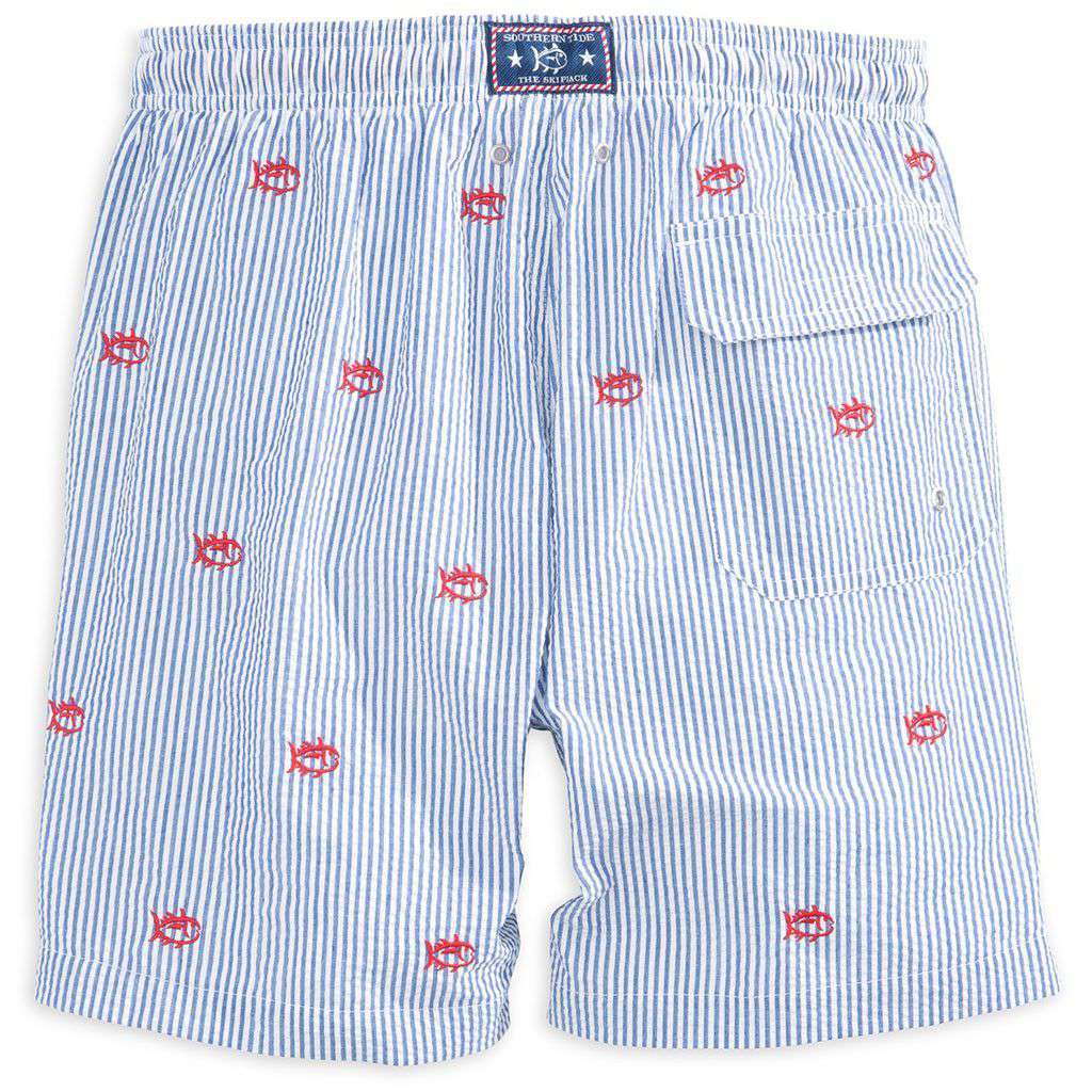 Skipjack Embroidered Seersucker Swim Trunk in Blue by Southern Tide - Country Club Prep