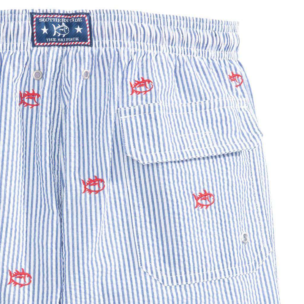Skipjack Embroidered Seersucker Swim Trunk in Blue by Southern Tide - Country Club Prep