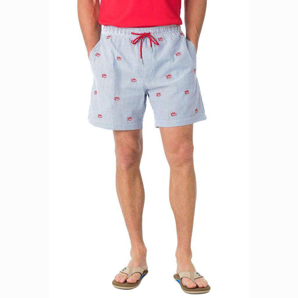 Skipjack Embroidered Seersucker Swim Trunk in Blue by Southern Tide - Country Club Prep