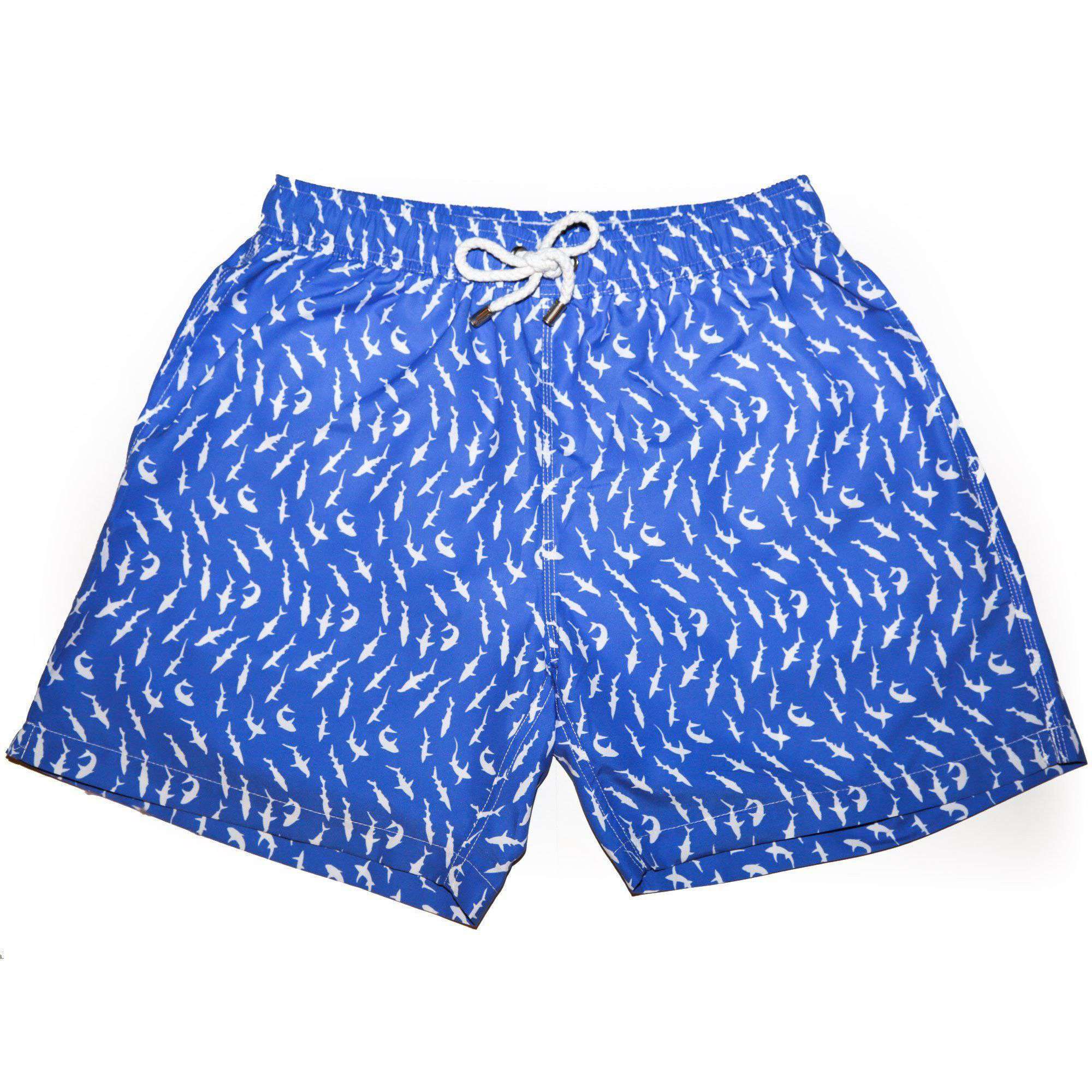 The Shark Week Swim Trunk in Blue by Kennedy - Country Club Prep