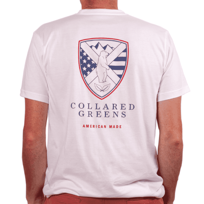 American Made Shield Tee in White by Collared Greens - Country Club Prep