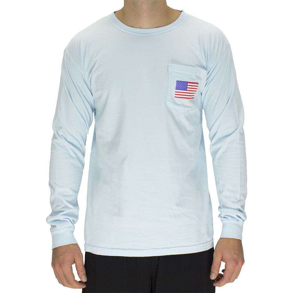 Back to Back World War Champs Long Sleeve Pocket Tee in Chambray by Full Time American - Country Club Prep