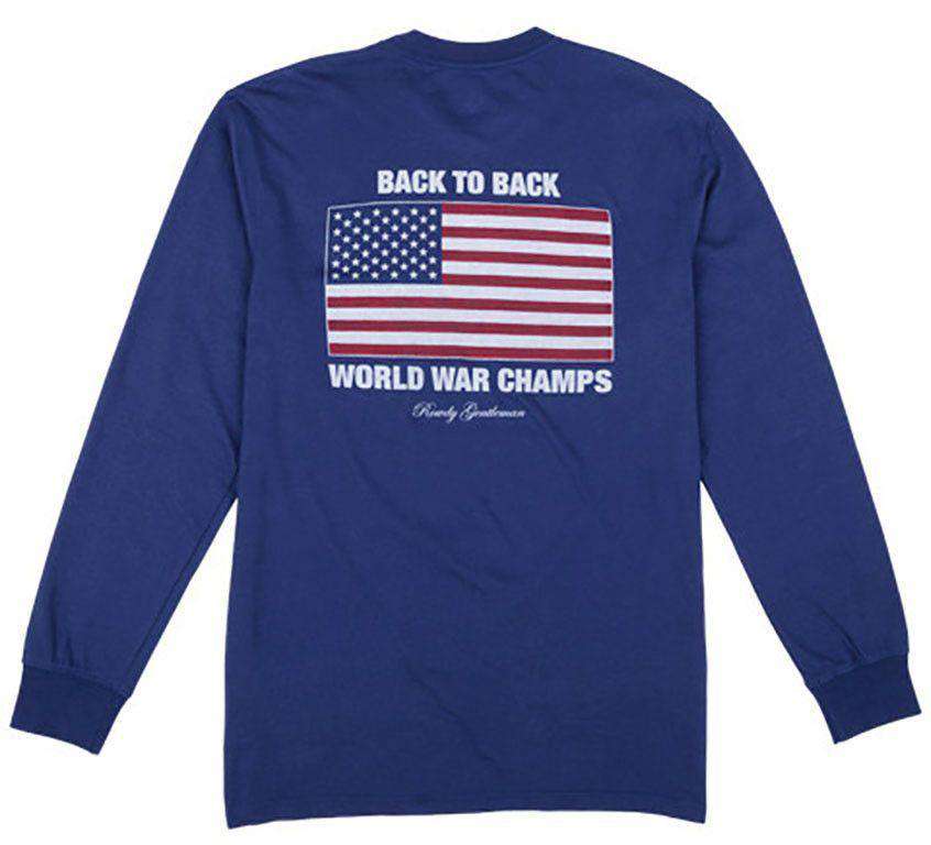 Back to Back World War Champs Long Sleeve Pocket Tee in Navy by Rowdy Gentleman - Country Club Prep