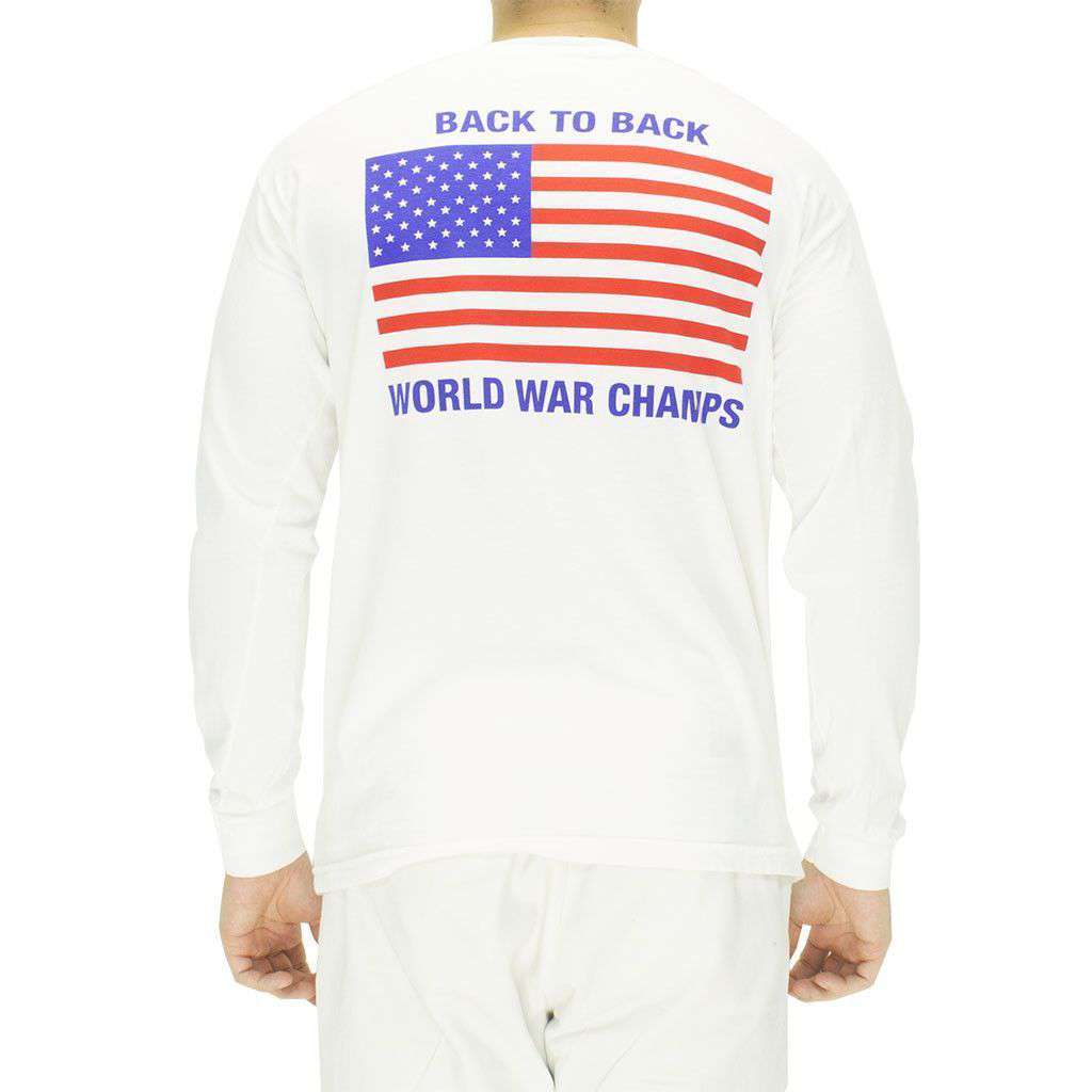 Back to Back World War Champs Long Sleeve Pocket Tee in White by Full Time American - Country Club Prep