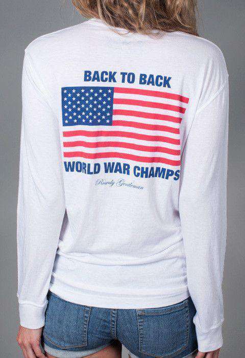 Back to Back World War Champs Long Sleeve Pocket Tee in White by Rowdy Gentleman - Country Club Prep