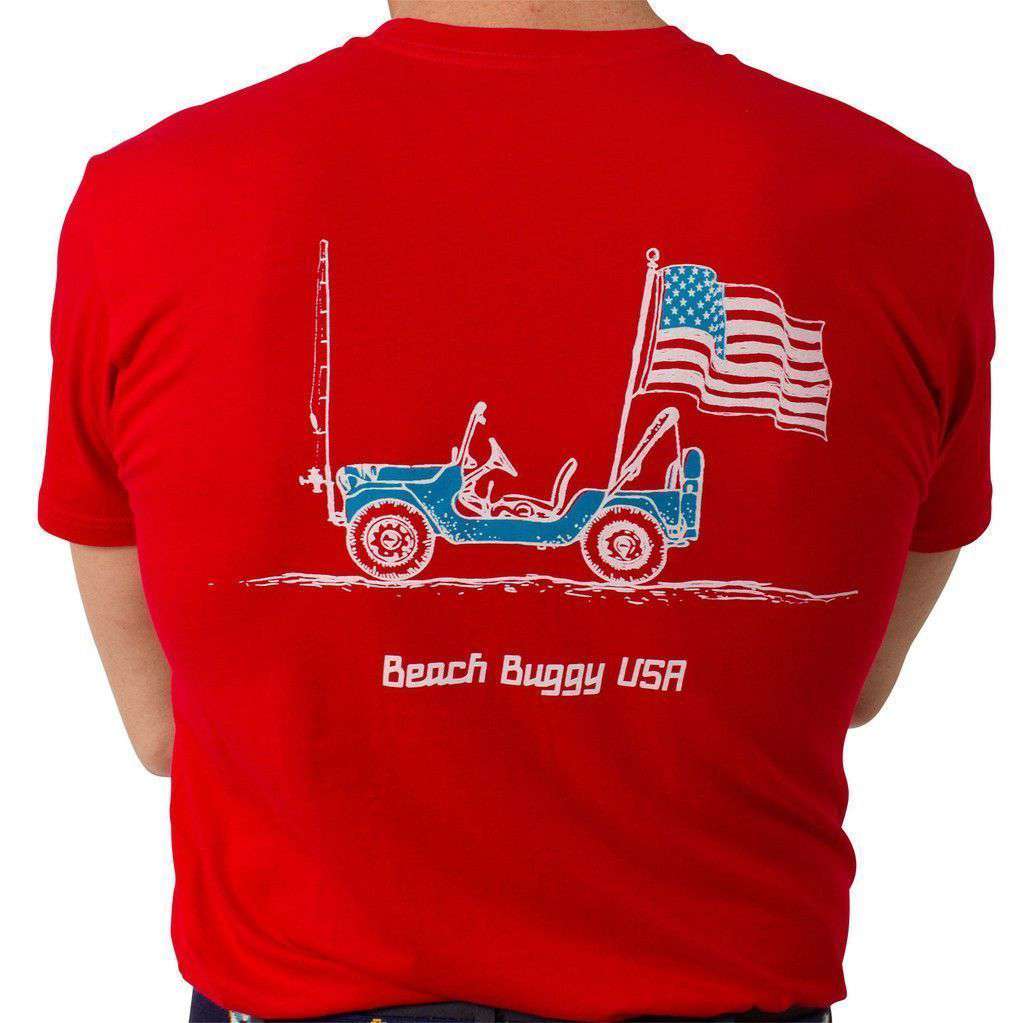 Castaway Clothing Beach T-Shirt in Red with Jeep and American Flag