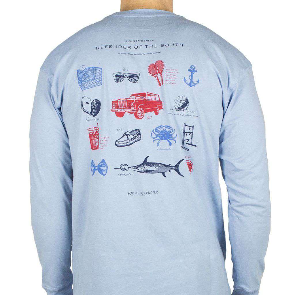 Defender of the South Long Sleeve Tee in Hydrangea Blue by Southern Proper - Country Club Prep