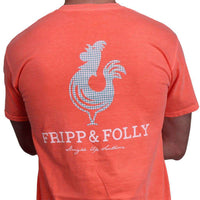 F&F Logo Navy Gingham Frocket Tee in Neon Red Orange by Fripp & Folly - Country Club Prep