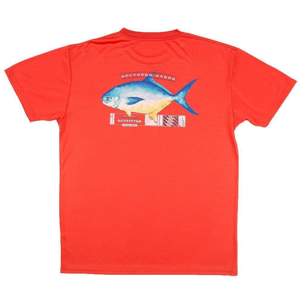 FieldTec Short Sleeve Pompano Pocket Tee in Coral with Electric Blue by Southern Marsh - Country Club Prep