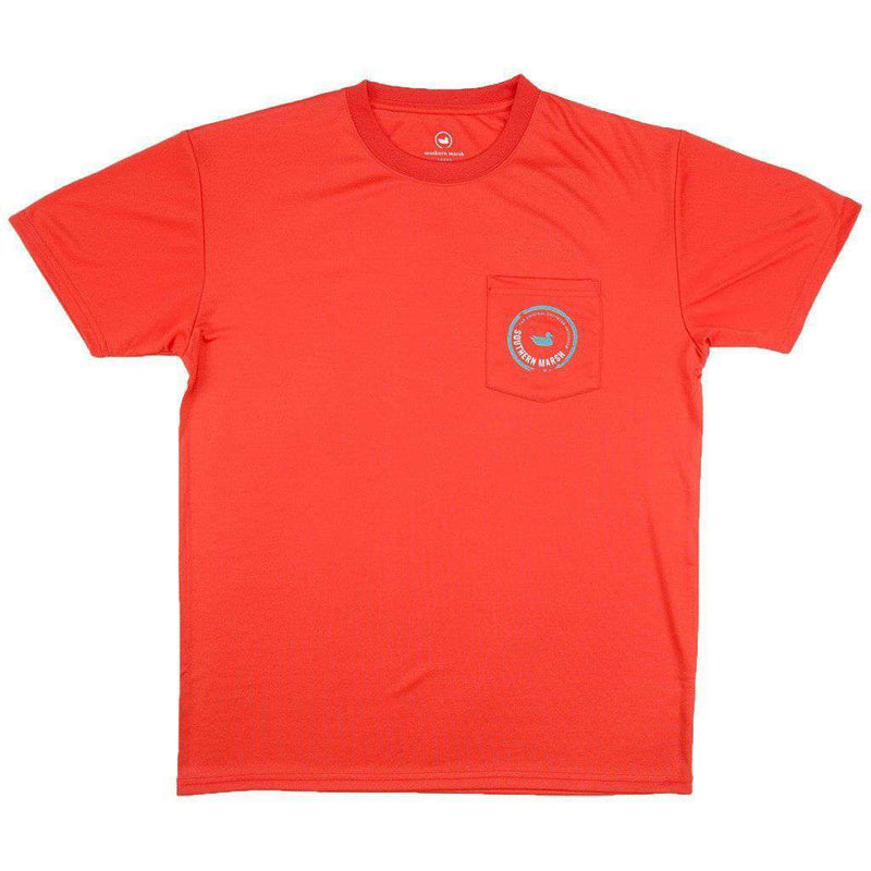 FieldTec Short Sleeve Pompano Pocket Tee in Coral with Electric Blue by Southern Marsh - Country Club Prep