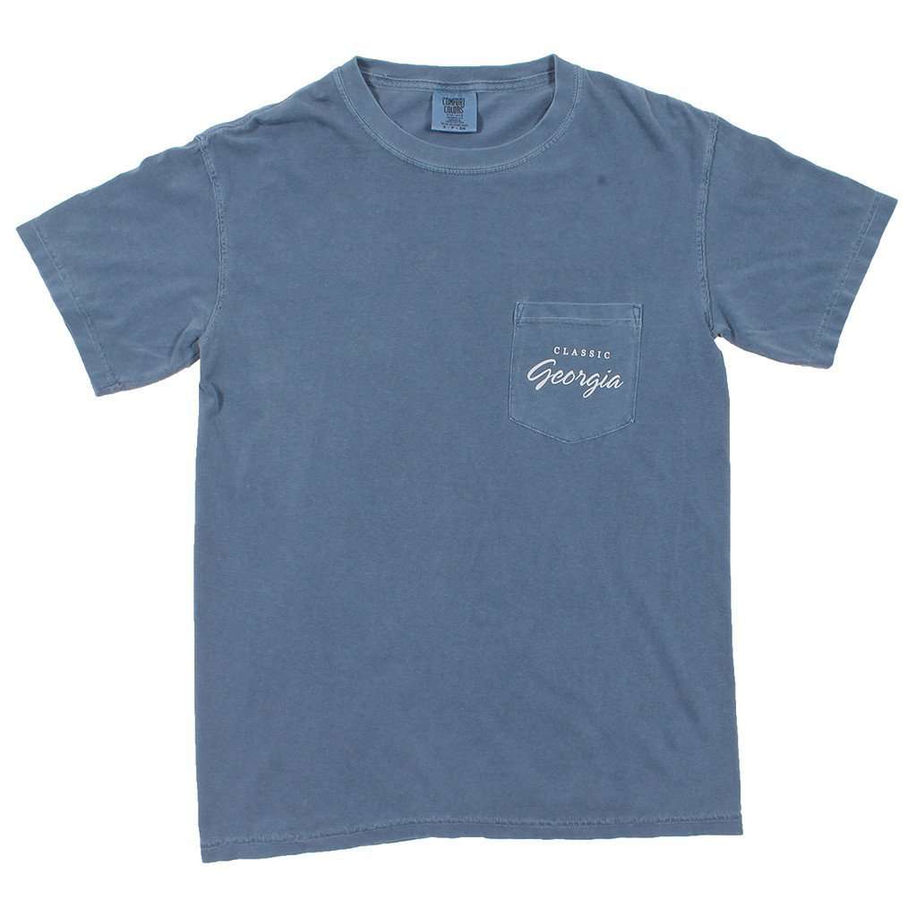 Fresh Peach Pie Pocket T-Shirt in Washed Denim by Classic Georiga - Country Club Prep