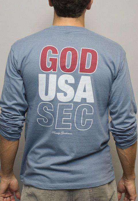 God, USA, SEC Long Sleeve Tee in Weathered Blue by Rowdy Gentleman - Country Club Prep