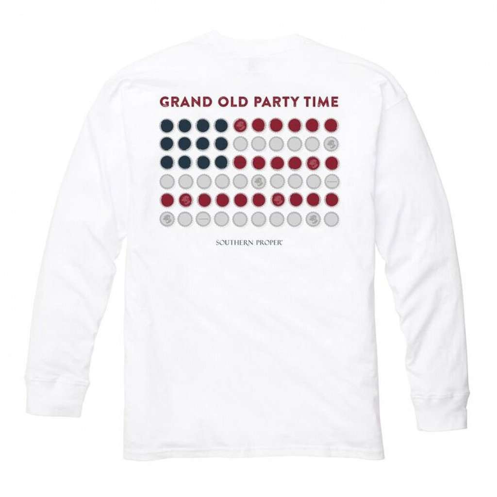 Grand Old Party Time Bottle Cap Flag Long Sleeve Tee in White by Southern Proper - Country Club Prep