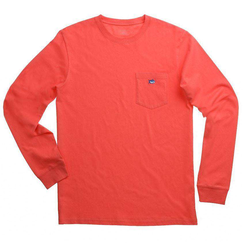 Long Sleeve Embroidered Pocket Tee in Georgia Peach by Southern Tide - Country Club Prep
