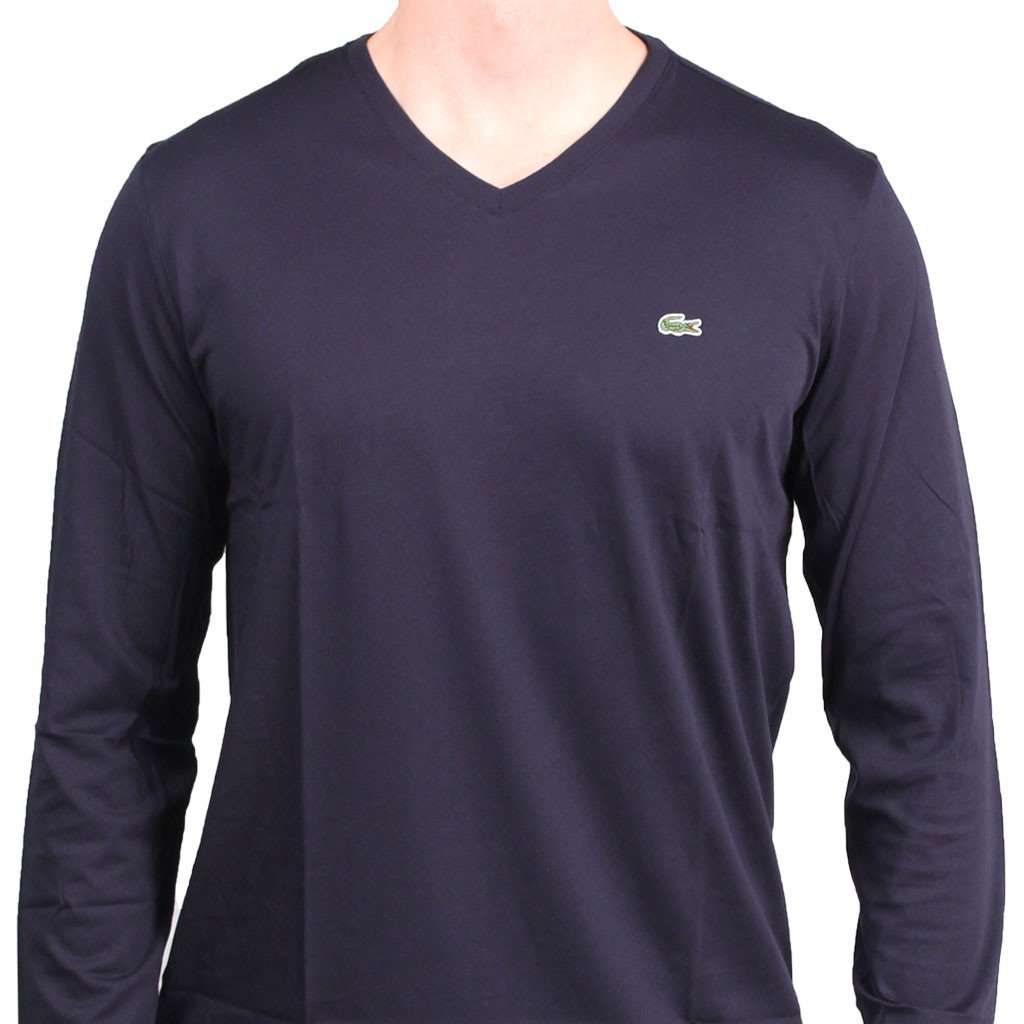 Long Sleeve Pima Jersey V-neck T-Shirt in Navy by Lacoste - Country Club Prep